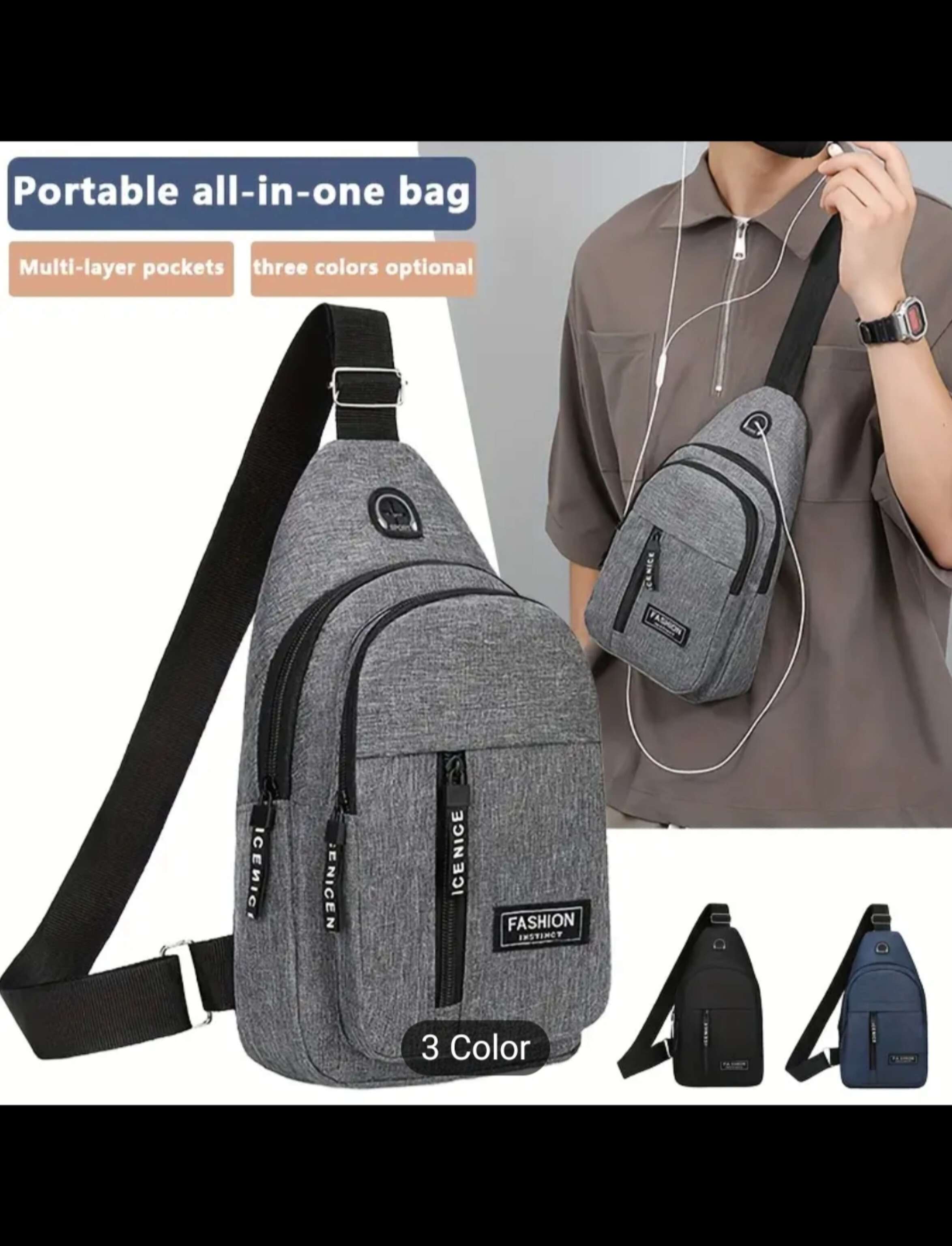 Bolso cruzado de nylon con múltiples bolsillos, correa ajustable y orificio para auriculares - Práctica bandolera para teléfono y accesorios